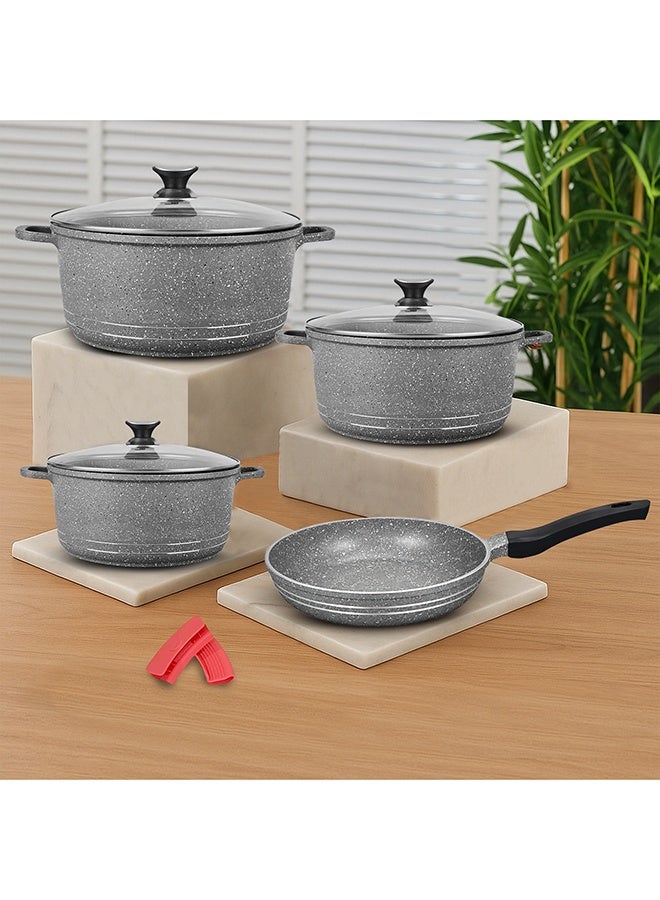 SONEX Granita 9-Piece Non-Stick Cookware Gift Set – Grey Marble Coated Die-Cast Aluminium Pots with Lids & Fry Pan, Durable, Easy to Clean, Scratch-Resistant, 2L to 9L Cooking Capacity - Image 2